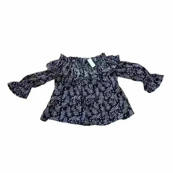 NWT Ann Taylor Loft Black Metallic Floral Ruffle Off the Shoulder Top Blouse S - Picture 4 of 9